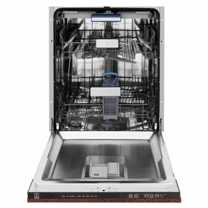 ZLINE 24 in. Tallac Series 3rd Rack Dishwasher with Auto Door Open Drying, 51dBa, Hand-Hammered Copper Panel (DWV-HH-24) front, open, showing stainless steel tub.