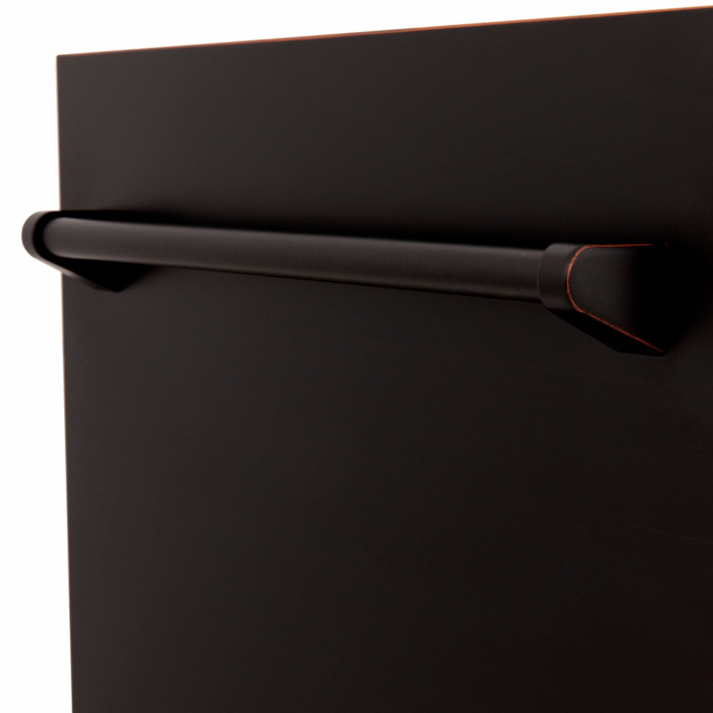 ZLINE 18 in. Tallac Series 3rd Rack Dishwasher with Auto Door Open Drying, 51dBa, Oil-Rubbed Bronze Panel (DWV-ORB-18) close-up, handle location.