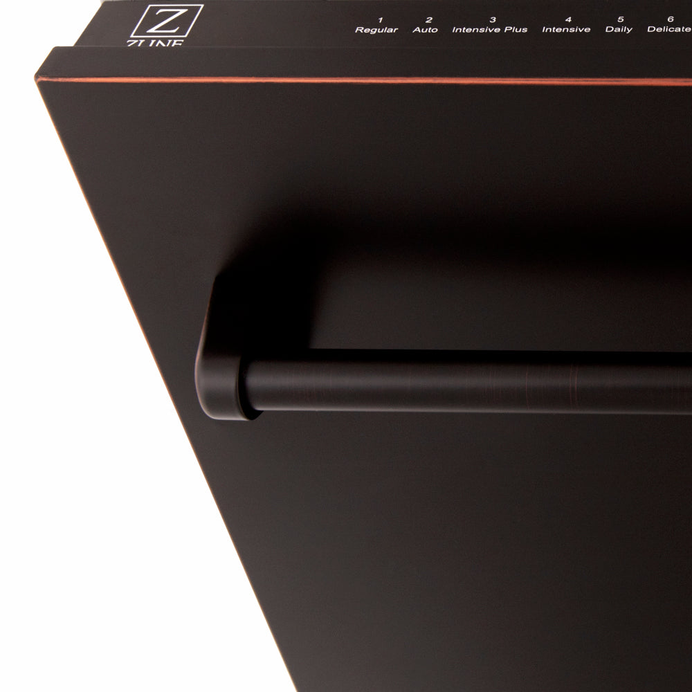 ZLINE 18 in. Tallac Series 3rd Rack Dishwasher with Auto Door Open Drying, 51dBa, Oil-Rubbed Bronze Panel (DWV-ORB-18) close-up, handle location.
