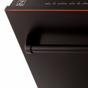 ZLINE 18 in. Tallac Series 3rd Rack Dishwasher with Auto Door Open Drying, 51dBa, Oil-Rubbed Bronze Panel (DWV-ORB-18) close-up, handle location.