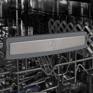 ZLINE 18 in. Tallac Series 3rd Rack Dishwasher with Auto Door Open Drying, 51dBa, Oil-Rubbed Bronze Panel (DWV-ORB-18) close-up, ZLINE logo on dish rack.