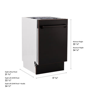 ZLINE 18 in. Tallac Series 3rd Rack Dishwasher with Auto Door Open Drying, 51dBa, Oil-Rubbed Bronze Panel (DWV-ORB-18) with dimensions labeled.