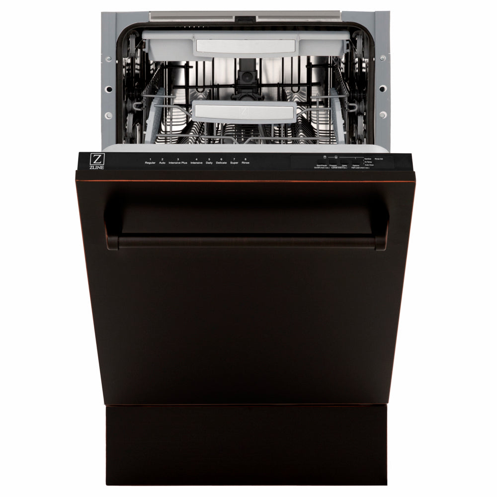 ZLINE 18 in. Tallac Series 3rd Rack Dishwasher with Auto Door Open Drying, 51dBa, Oil-Rubbed Bronze Panel (DWV-ORB-18) front, half open.