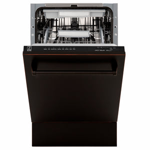 ZLINE 18 in. Tallac Series 3rd Rack Dishwasher with Auto Door Open Drying, 51dBa, Oil-Rubbed Bronze Panel (DWV-ORB-18) front, half open.