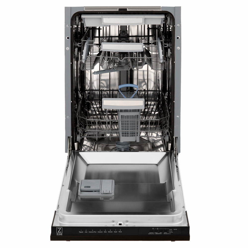 ZLINE 18 in. Tallac Series 3rd Rack Dishwasher with Auto Door Open Drying, 51dBa, Oil-Rubbed Bronze Panel (DWV-ORB-18) front, open, showing stainless steel tub.