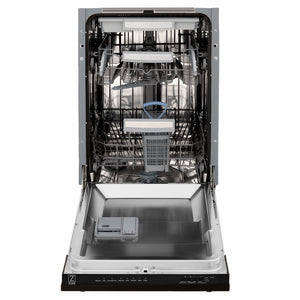 ZLINE 18 in. Tallac Series 3rd Rack Dishwasher with Auto Door Open Drying, 51dBa, Oil-Rubbed Bronze Panel (DWV-ORB-18) front, open, showing stainless steel tub.