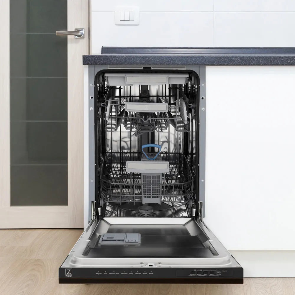 ZLINE 18 in. Tallac Series 3rd Rack Dishwasher with Auto Door Open Drying, 51dBa, Oil-Rubbed Bronze Panel (DWV-ORB-18) open, in a kitchen setting with white cabinets.
