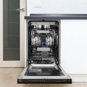 ZLINE 18 in. Tallac Series 3rd Rack Dishwasher with Auto Door Open Drying, 51dBa, Oil-Rubbed Bronze Panel (DWV-ORB-18) open, in a kitchen setting with white cabinets.