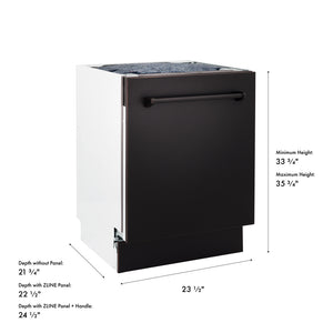 ZLINE 24 in. Tallac Series 3rd Rack Dishwasher with Auto Door Open Drying, 51dBa, Oil-Rubbed Bronze Panel (DWV-ORB-24) with dimensions labeled.