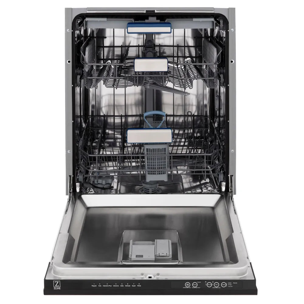 ZLINE 24 in. Tallac Series 3rd Rack Dishwasher with Auto Door Open Drying, 51dBa, Oil-Rubbed Bronze Panel (DWV-ORB-24) front, open, showing stainless steel tub.