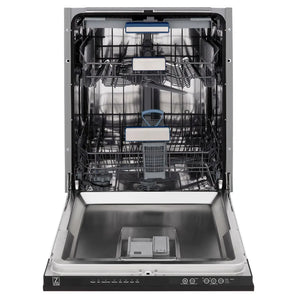 ZLINE 24 in. Tallac Series 3rd Rack Dishwasher with Auto Door Open Drying, 51dBa, Oil-Rubbed Bronze Panel (DWV-ORB-24) front, open, showing stainless steel tub.
