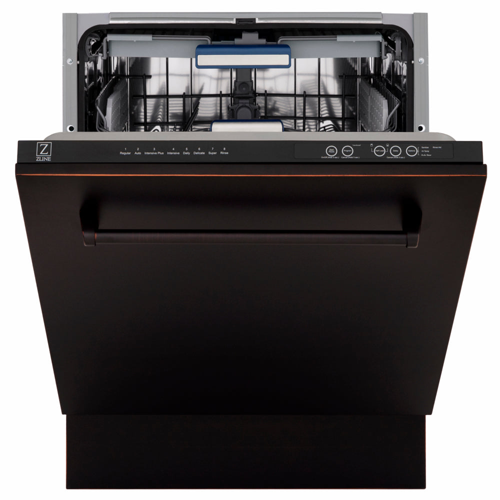 ZLINE 24 in. Tallac Series 3rd Rack Dishwasher with Auto Door Open Drying, 51dBa, Oil-Rubbed Bronze Panel (DWV-ORB-24) front, half open.