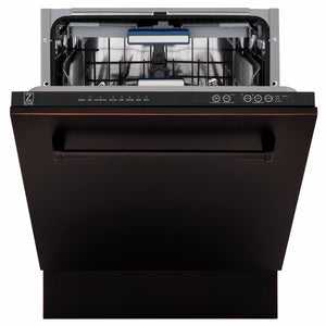 ZLINE 24 in. Tallac Series 3rd Rack Dishwasher with Auto Door Open Drying, 51dBa, Oil-Rubbed Bronze Panel (DWV-ORB-24) front, half open.