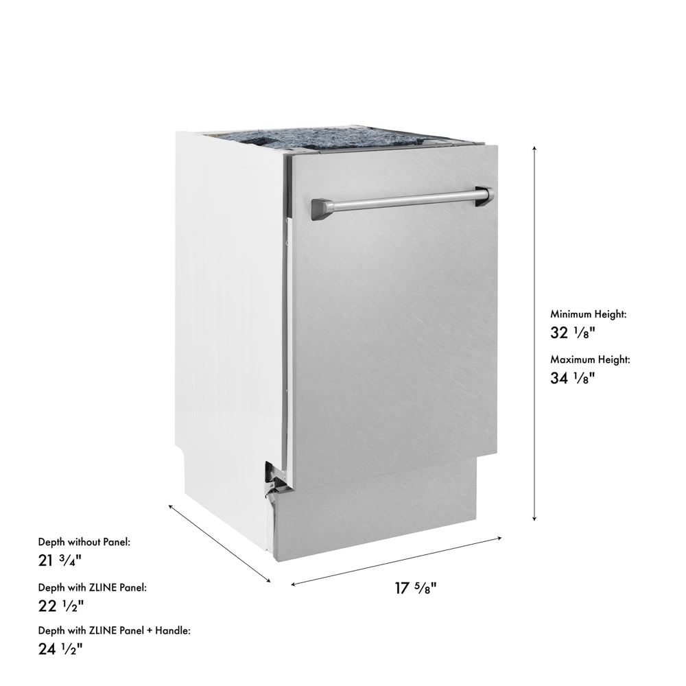 ZLINE 18 in. Tallac Series 3rd Rack Dishwasher with Auto Door Open Drying, 51dBa, Satin Stainless Steel Panel (DWV-SN-18) with dimensions labeled.