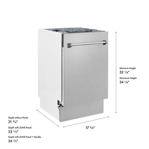 ZLINE 18 in. Tallac Series 3rd Rack Dishwasher with Auto Door Open Drying, 51dBa, Satin Stainless Steel Panel (DWV-SN-18) with dimensions labeled.
