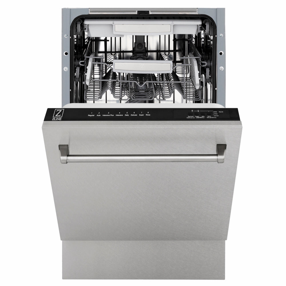 ZLINE 18 in. Tallac Series 3rd Rack Dishwasher with Auto Door Open Drying, 51dBa, Satin Stainless Steel Panel (DWV-SN-18) front, half open.