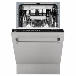 ZLINE 18 in. Tallac Series 3rd Rack Dishwasher with Auto Door Open Drying, 51dBa, Satin Stainless Steel Panel (DWV-SN-18) front, half open.
