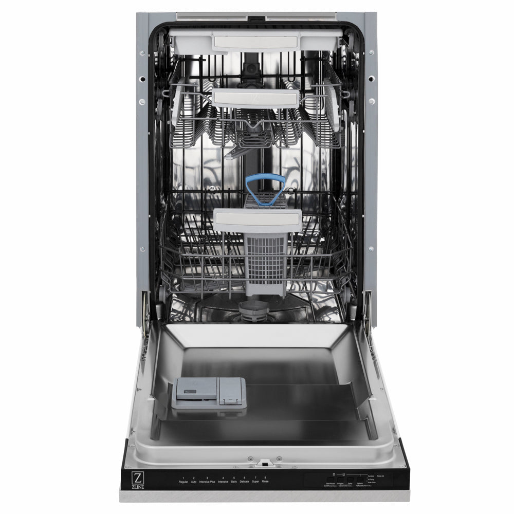 ZLINE 18 in. Tallac Series 3rd Rack Dishwasher with Auto Door Open Drying, 51dBa, Satin Stainless Steel Panel (DWV-SN-18) front, open, showing stainless steel tub.