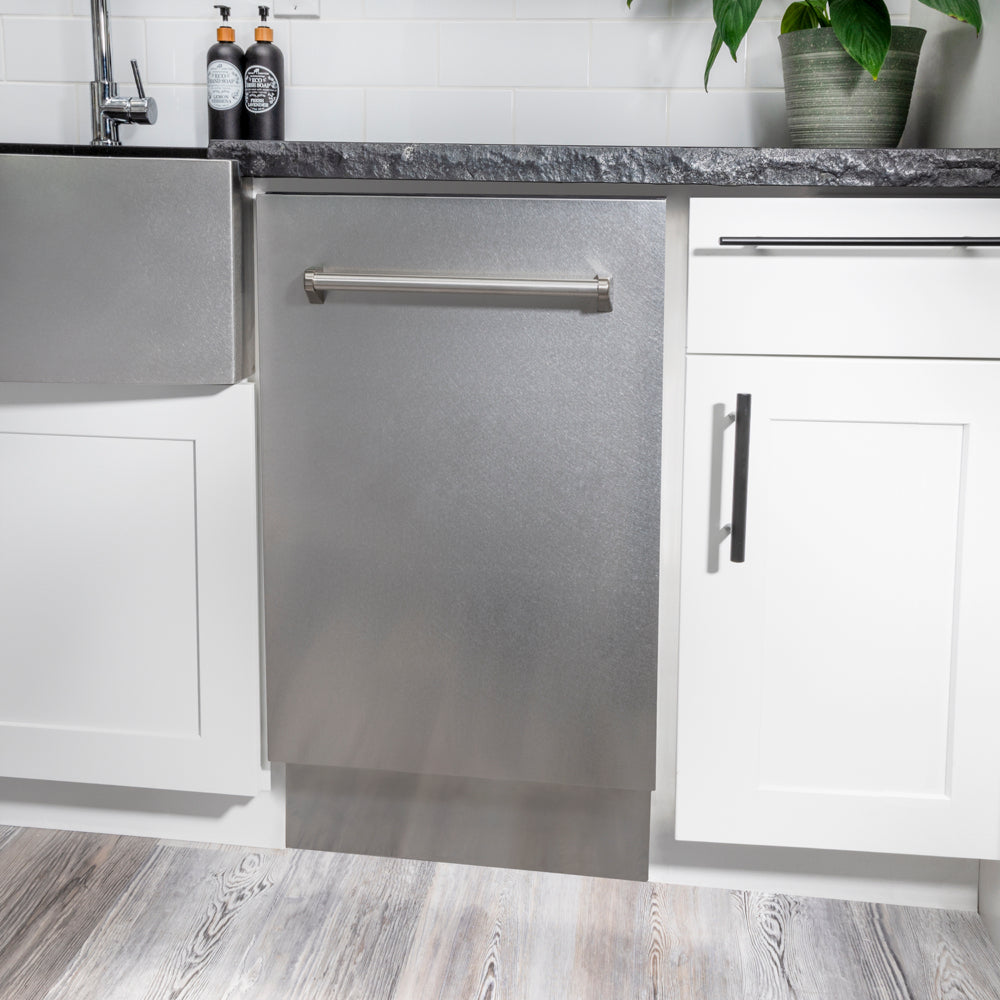 ZLINE 18 in. Tallac Series 3rd Rack Dishwasher with Auto Door Open Drying, 51dBa, Satin Stainless Steel Panel (DWV-SN-18) in a modern kitchen with white cabinets and a gray countertop.