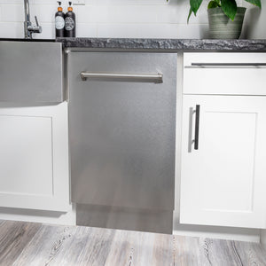 ZLINE 18 in. Tallac Series 3rd Rack Dishwasher with Auto Door Open Drying, 51dBa, Satin Stainless Steel Panel (DWV-SN-18) in a modern kitchen with white cabinets and a gray countertop.