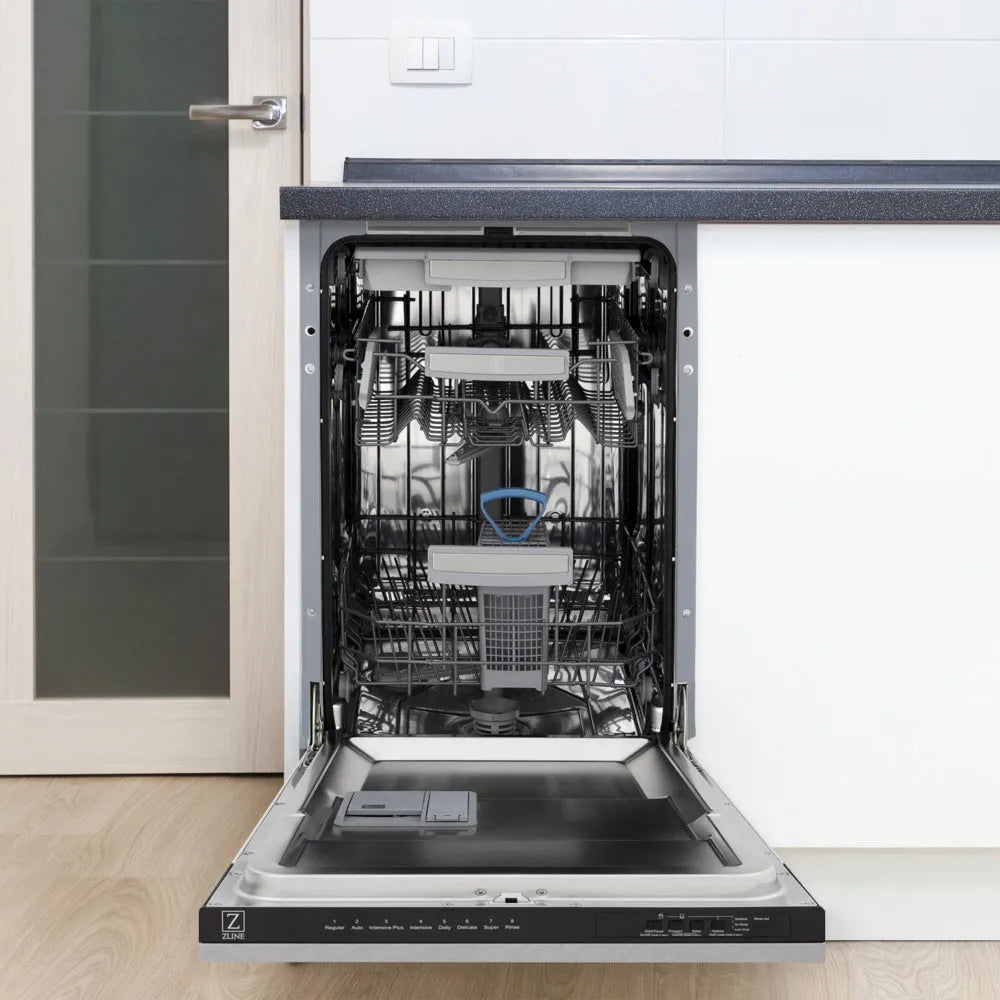 ZLINE 18 in. Tallac Series 3rd Rack Dishwasher with Auto Door Open Drying, 51dBa, Satin Stainless Steel Panel (DWV-SN-18) open, in a kitchen setting with white cabinets.