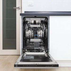 ZLINE 18 in. Tallac Series 3rd Rack Dishwasher with Auto Door Open Drying, 51dBa, Satin Stainless Steel Panel (DWV-SN-18) open, in a kitchen setting with white cabinets.