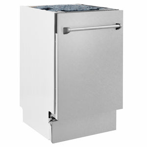 ZLINE 18 in. Tallac Series 3rd Rack Dishwasher with Auto Door Open Drying, 51dBa, Satin Stainless Steel Panel (DWV-SN-18) side.