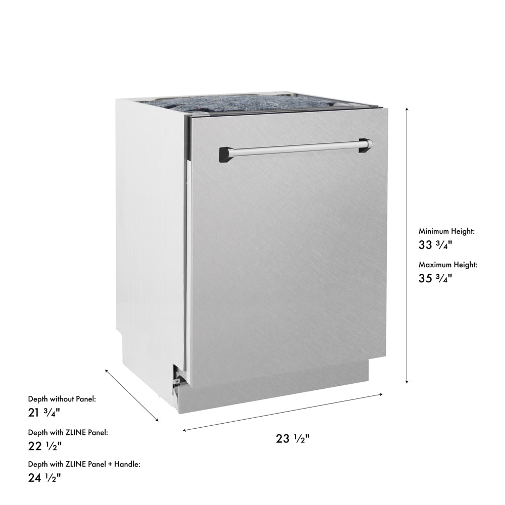 ZLINE 24 in. Tallac Series 3rd Rack Dishwasher with Auto Door Open Drying, 51dBa, Satin Stainless Steel Panel (DWV-SN-24) with dimensions labeled.