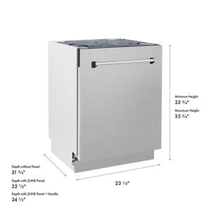 ZLINE 24 in. Tallac Series 3rd Rack Dishwasher with Auto Door Open Drying, 51dBa, Satin Stainless Steel Panel (DWV-SN-24) with dimensions labeled.