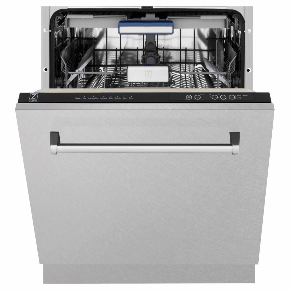 ZLINE 24 in. Tallac Series 3rd Rack Dishwasher with Auto Door Open Drying, 51dBa, Satin Stainless Steel Panel (DWV-SN-24) front, half open.