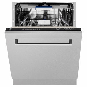 ZLINE 24 in. Tallac Series 3rd Rack Dishwasher with Auto Door Open Drying, 51dBa, Satin Stainless Steel Panel (DWV-SN-24) front, half open.