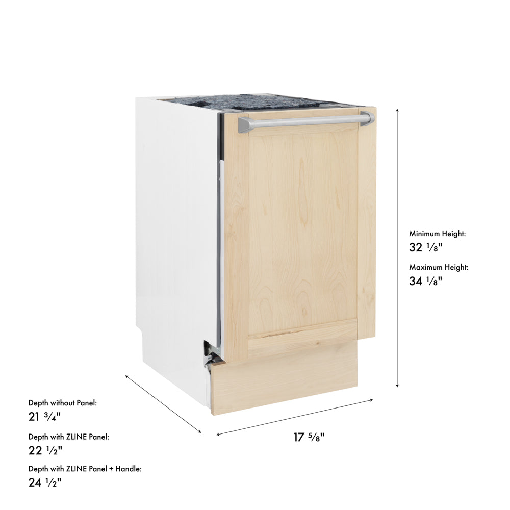 ZLINE 18 in. Tallac Series 3rd Rack Dishwasher with Auto Door Open Drying, 51dBa, Unfinished Wood Panel (DWV-UF-18) with dimensions labeled.