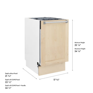 ZLINE 18 in. Tallac Series 3rd Rack Dishwasher with Auto Door Open Drying, 51dBa, Unfinished Wood Panel (DWV-UF-18) with dimensions labeled.