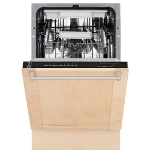 ZLINE 18 in. Tallac Series 3rd Rack Dishwasher with Auto Door Open Drying, 51dBa, Unfinished Wood Panel (DWV-UF-18) front, half open.