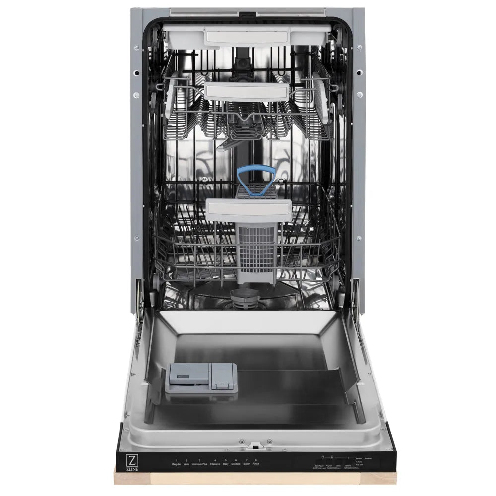 ZLINE 18 in. Tallac Series 3rd Rack Dishwasher with Auto Door Open Drying, 51dBa, Unfinished Wood Panel (DWV-UF-18) front, open, showing stainless steel tub.