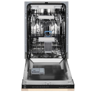 ZLINE 18 in. Tallac Series 3rd Rack Dishwasher with Auto Door Open Drying, 51dBa, Unfinished Wood Panel (DWV-UF-18) front, open, showing stainless steel tub.