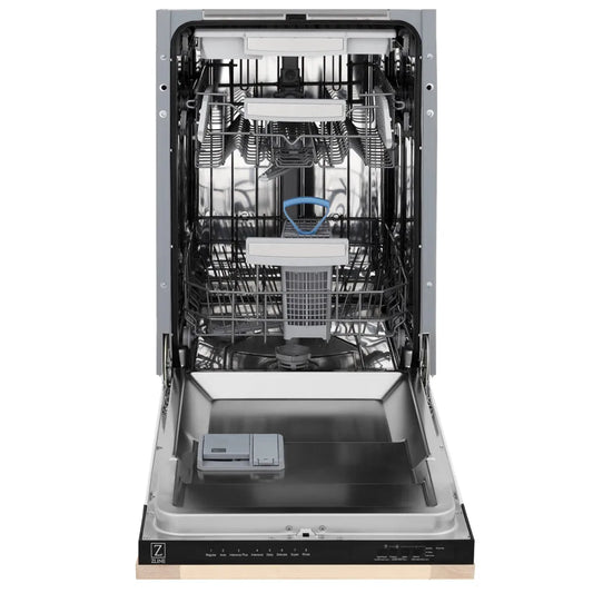 ZLINE 18 in. Tallac Series 3rd Rack Dishwasher with Auto Door Open Drying, 51dBa, Unfinished Wood Panel (DWV-UF-18) front, open, showing stainless steel tub.