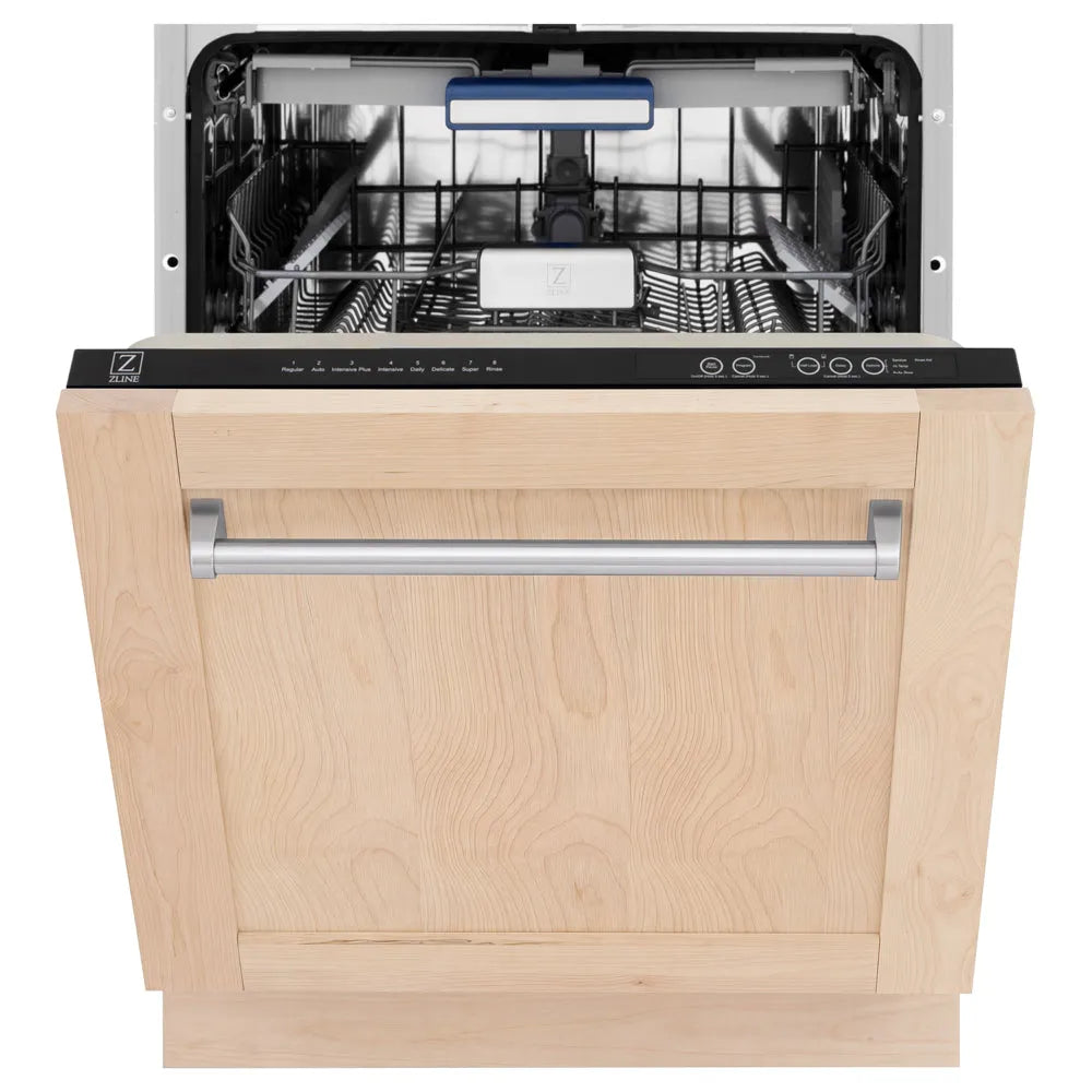ZLINE 24 in. Tallac Series 3rd Rack Dishwasher with Auto Door Open Drying, 51dBa, Unfinished Wood Panel (DWV-UF-24) front, half open.