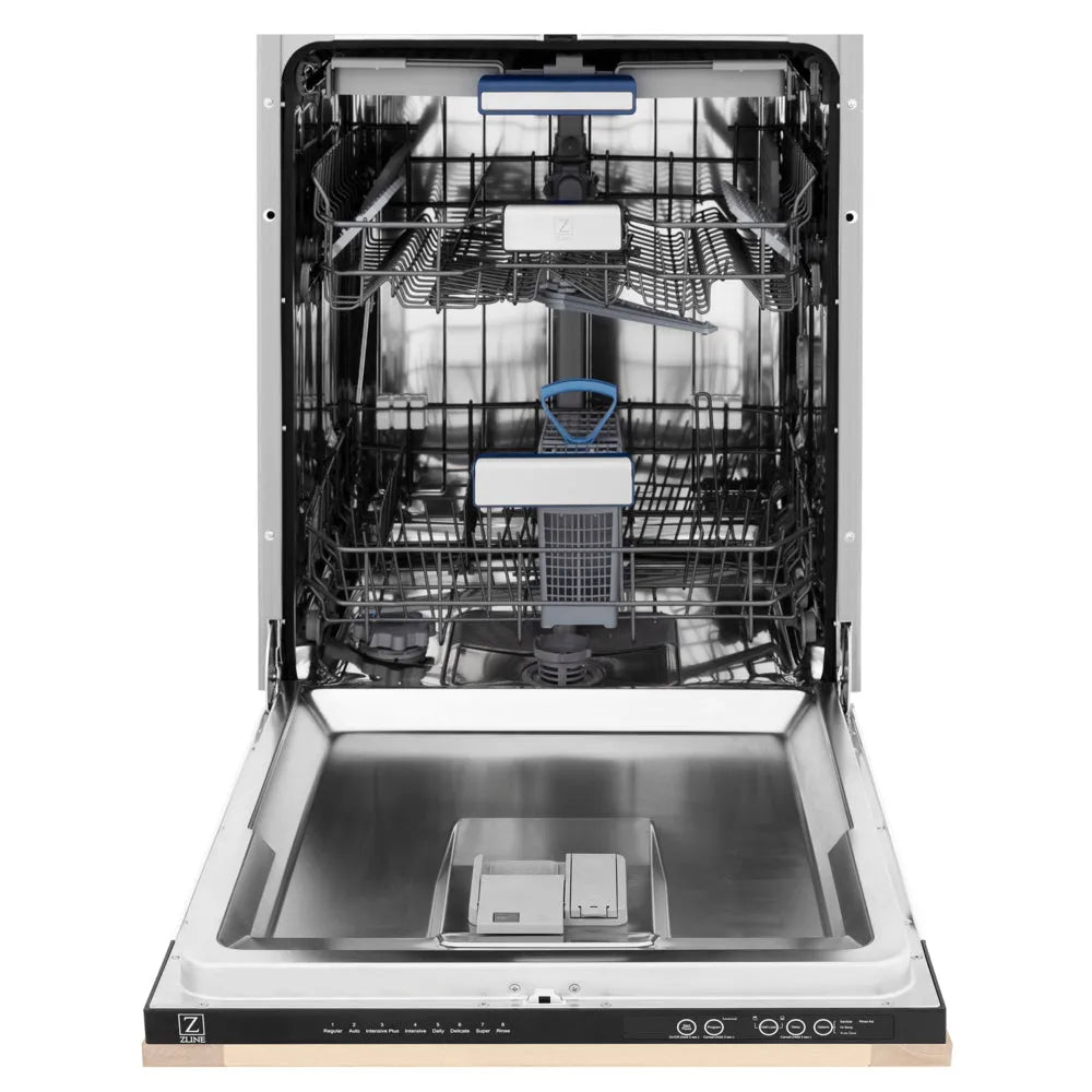 ZLINE 24 in. Tallac Series 3rd Rack Dishwasher with Auto Door Open Drying, 51dBa, Unfinished Wood Panel (DWV-UF-24) front, open, showing stainless steel tub.