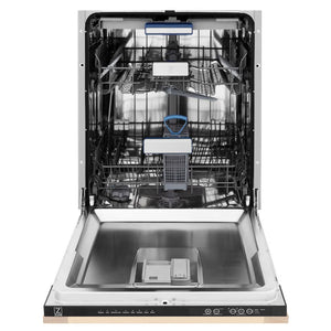 ZLINE 24 in. Tallac Series 3rd Rack Dishwasher with Auto Door Open Drying, 51dBa, Unfinished Wood Panel (DWV-UF-24) front, open, showing stainless steel tub.