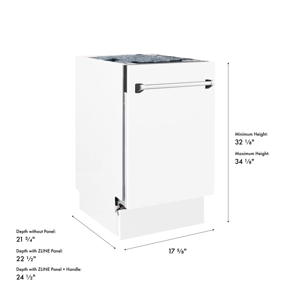 ZLINE 18 in. Tallac Series 3rd Rack Dishwasher with Auto Door Open Drying, 51dBa, White Matte Panel (DWV-WM-18) with dimensions labeled.
