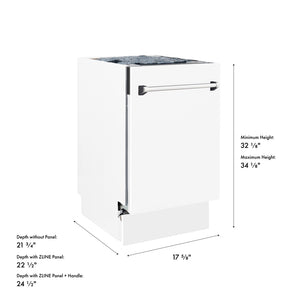 ZLINE 18 in. Tallac Series 3rd Rack Dishwasher with Auto Door Open Drying, 51dBa, White Matte Panel (DWV-WM-18) with dimensions labeled.