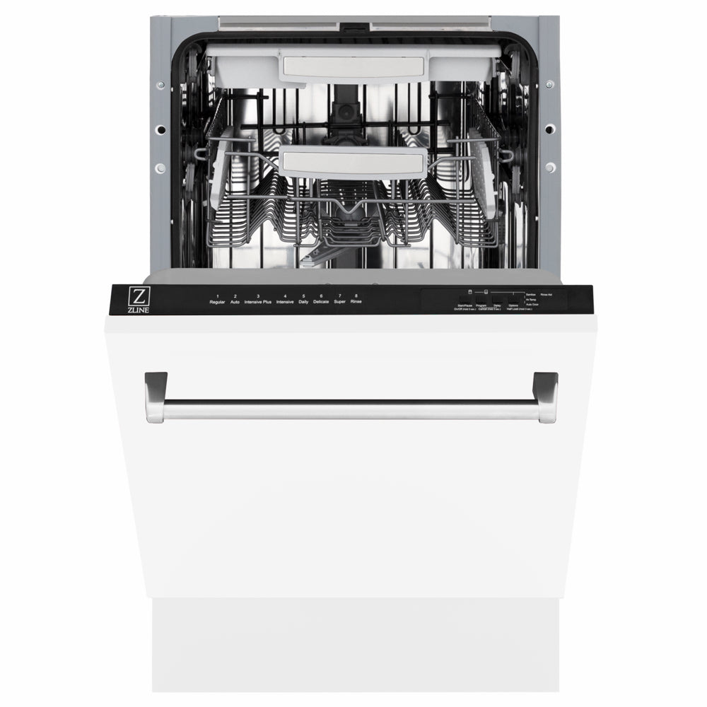 ZLINE 18 in. Tallac Series 3rd Rack Dishwasher with Auto Door Open Drying, 51dBa, White Matte Panel (DWV-WM-18) front, half open.