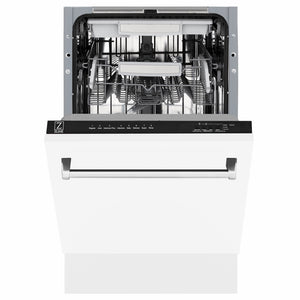 ZLINE 18 in. Tallac Series 3rd Rack Dishwasher with Auto Door Open Drying, 51dBa, White Matte Panel (DWV-WM-18) front, half open.