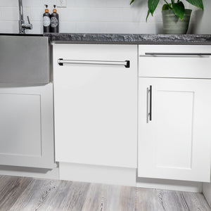 ZLINE 18 in. Tallac Series 3rd Rack Dishwasher with Auto Door Open Drying, 51dBa, White Matte Panel (DWV-WM-18) in a modern kitchen with white cabinets and a gray countertop.
