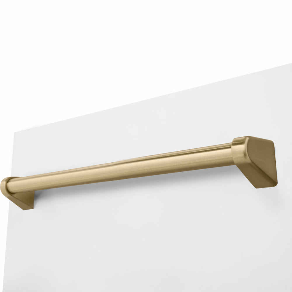 ZLINE Autograph Edition 18 in. Tallac Series 3rd Rack Dishwasher with Auto Door Open Drying, 51dBa, White Matte Panel with Champagne Bronze Handle (DWVZ-WM-18-CB) close-up, handle location.
