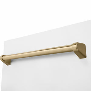 ZLINE Autograph Edition 18 in. Tallac Series 3rd Rack Dishwasher with Auto Door Open Drying, 51dBa, White Matte Panel with Champagne Bronze Handle (DWVZ-WM-18-CB) close-up, handle location.