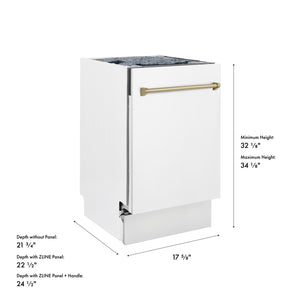 ZLINE Autograph Edition 18 in. Tallac Series 3rd Rack Dishwasher with Auto Door Open Drying, 51dBa, White Matte Panel with Champagne Bronze Handle (DWVZ-WM-18-CB) with dimensions labeled.