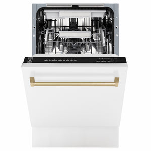ZLINE Autograph Edition 18 in. Tallac Series 3rd Rack Dishwasher with Auto Door Open Drying, 51dBa, White Matte Panel with Champagne Bronze Handle (DWVZ-WM-18-CB) front, half open.