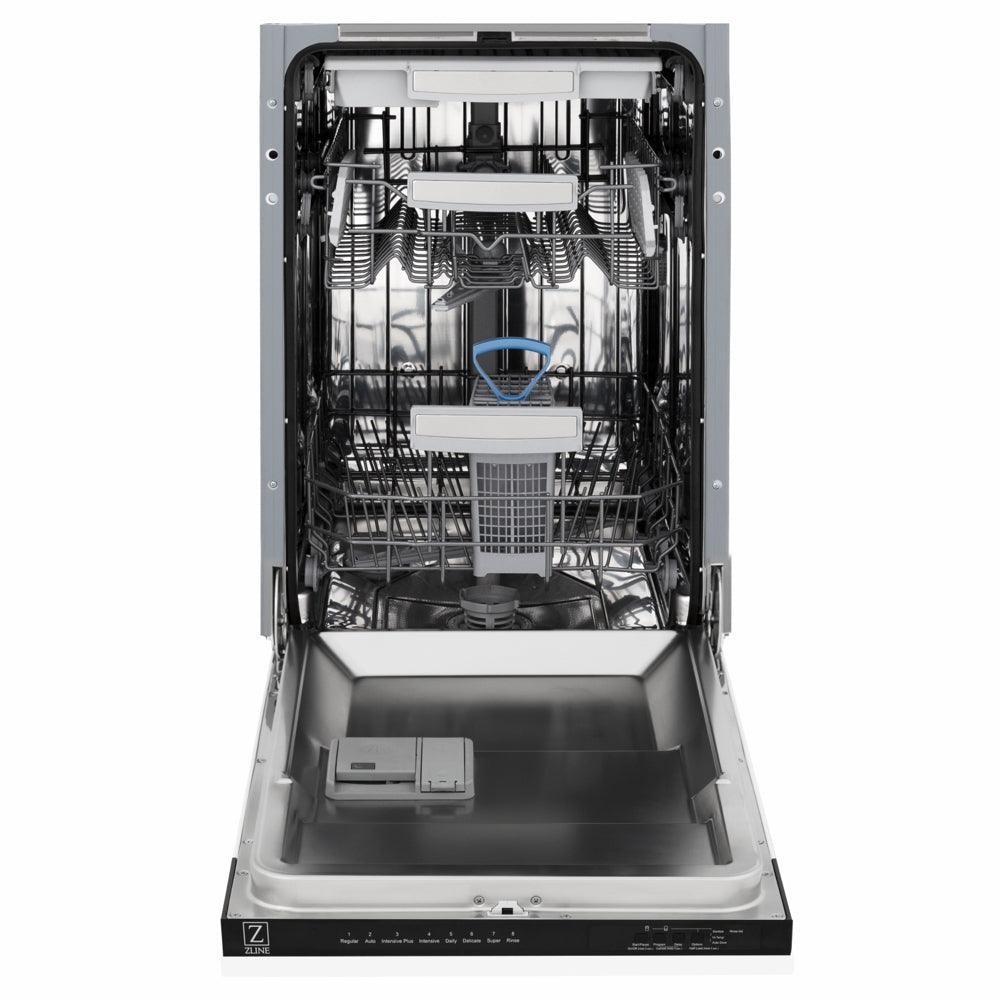 ZLINE Autograph Edition 18 in. Tallac Series 3rd Rack Dishwasher with Auto Door Open Drying, 51dBa, White Matte Panel with Champagne Bronze Handle (DWVZ-WM-18-CB) front, open, showing stainless steel tub.
